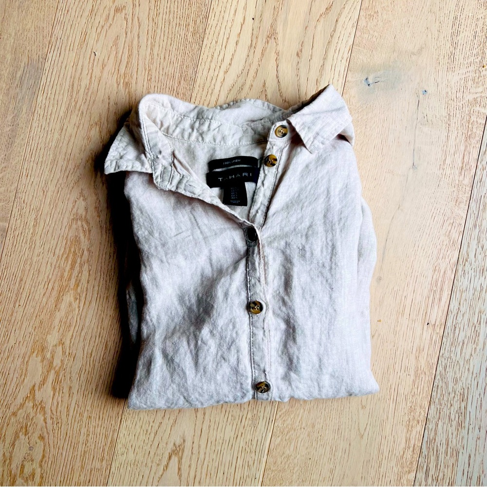 TAHARI short sleeve 100% linen shirt dress with pockets SZ: S Lagenlook Beach